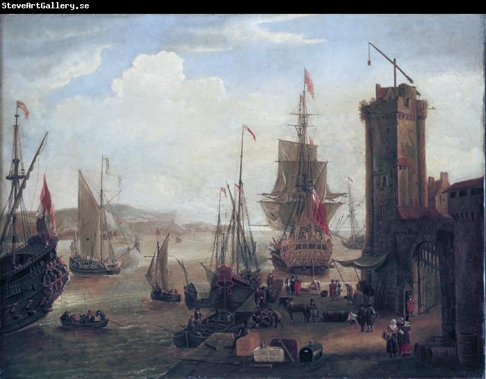 Jacob Knyff English and dutch ships taking on stores at a port